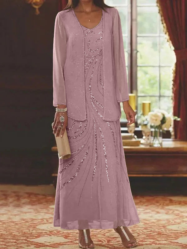 Robes de mère de la mariée fourreau/colonne, col en V, longueur cheville, avec veste et sequins 
