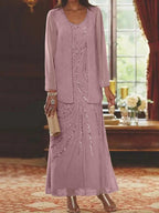 Robes de mère de la mariée fourreau/colonne, col en V, longueur cheville, avec veste et sequins 