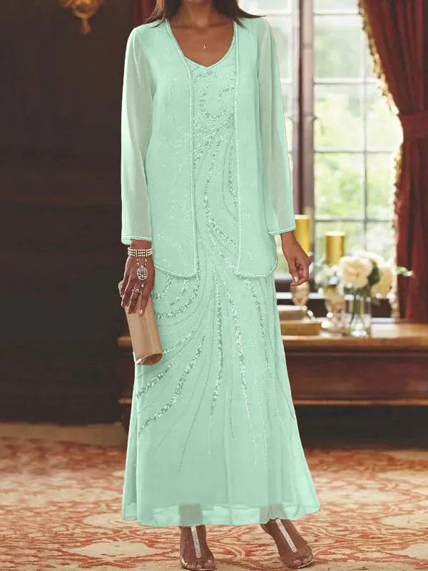 Robes de mère de la mariée fourreau/colonne, col en V, longueur cheville, avec veste et sequins 