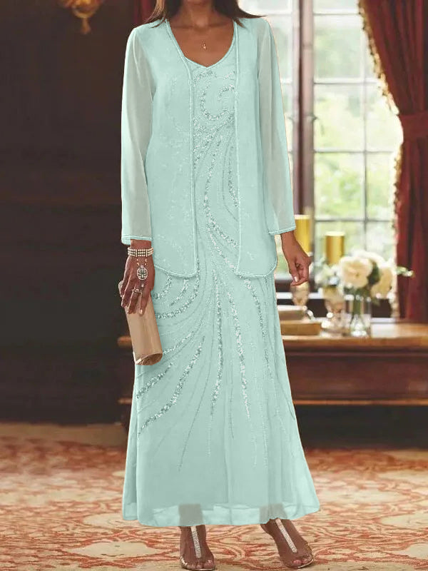 Robes de mère de la mariée fourreau/colonne, col en V, longueur cheville, avec veste et sequins 