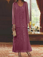 Robes de mère de la mariée fourreau/colonne, col en V, longueur cheville, avec veste et sequins 