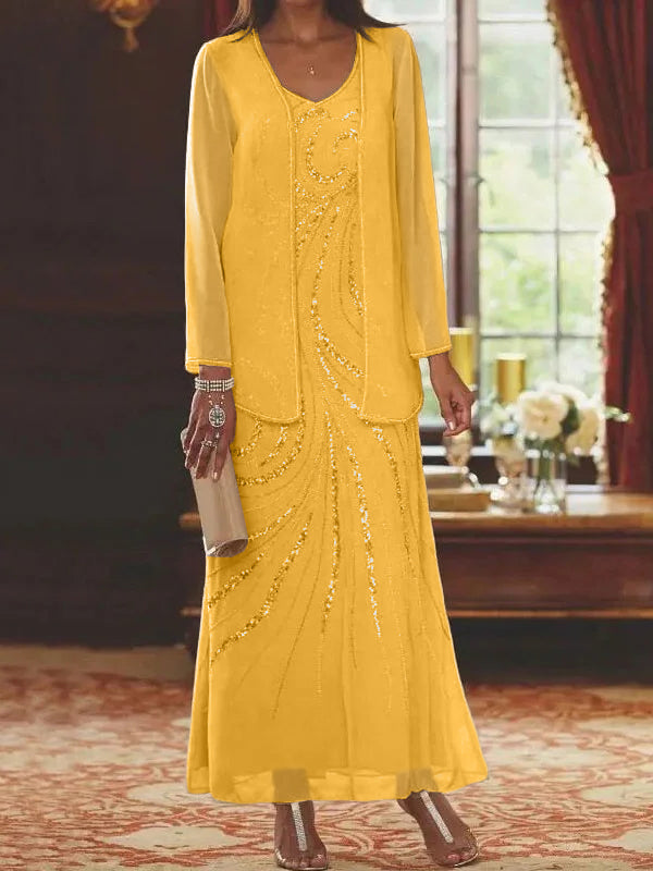 Robes de mère de la mariée fourreau/colonne, col en V, longueur cheville, avec veste et sequins 