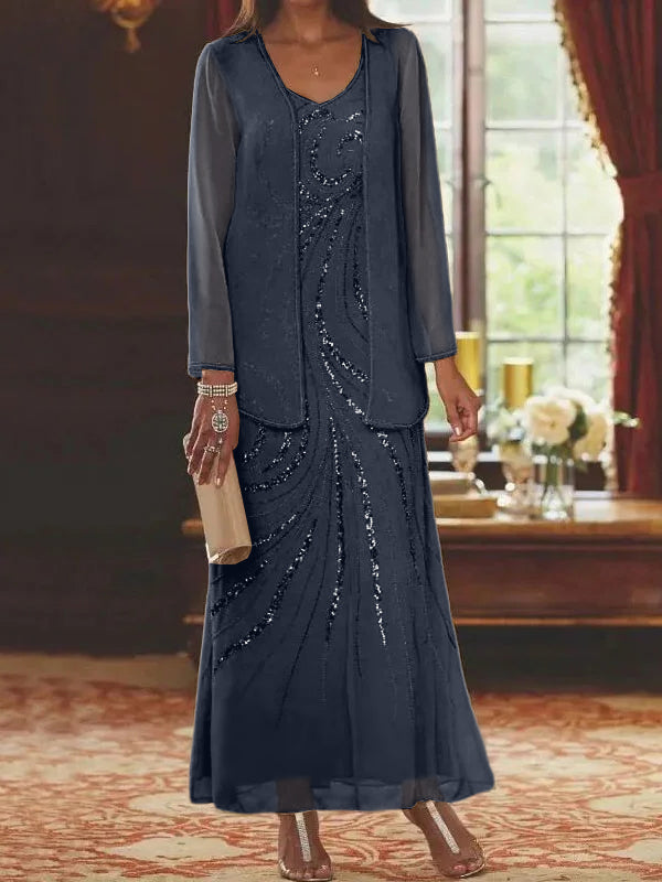 Robes de mère de la mariée fourreau/colonne, col en V, longueur cheville, avec veste et sequins 