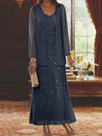 Robes de mère de la mariée fourreau/colonne, col en V, longueur cheville, avec veste et sequins 