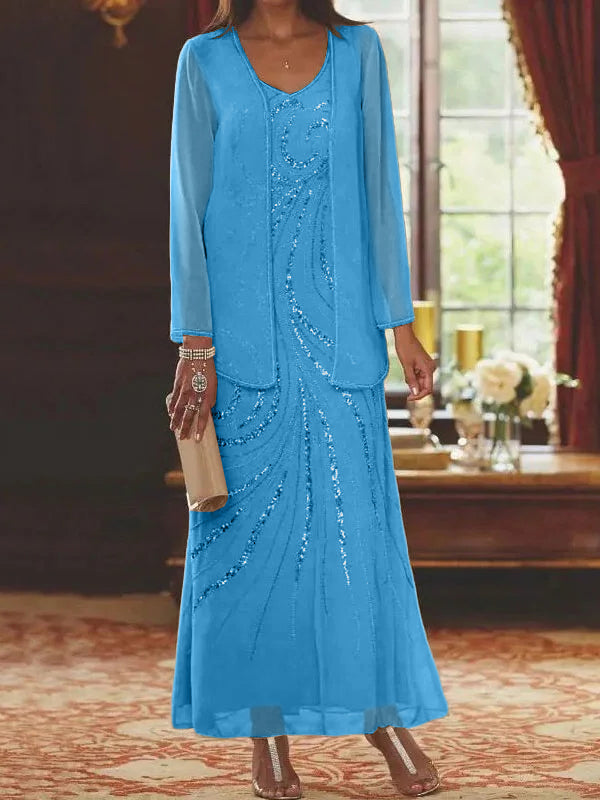 Robes de mère de la mariée fourreau/colonne, col en V, longueur cheville, avec veste et sequins 