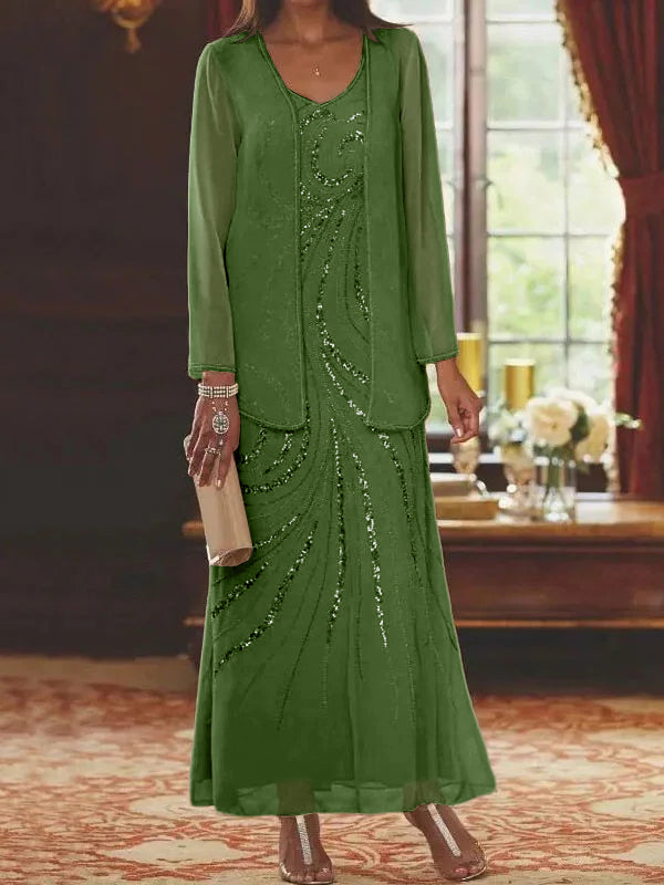 Robes de mère de la mariée fourreau/colonne, col en V, longueur cheville, avec veste et sequins 