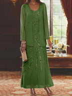 Robes de mère de la mariée fourreau/colonne, col en V, longueur cheville, avec veste et sequins 