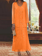 Robes de mère de la mariée fourreau/colonne, col en V, longueur cheville, avec veste et sequins 