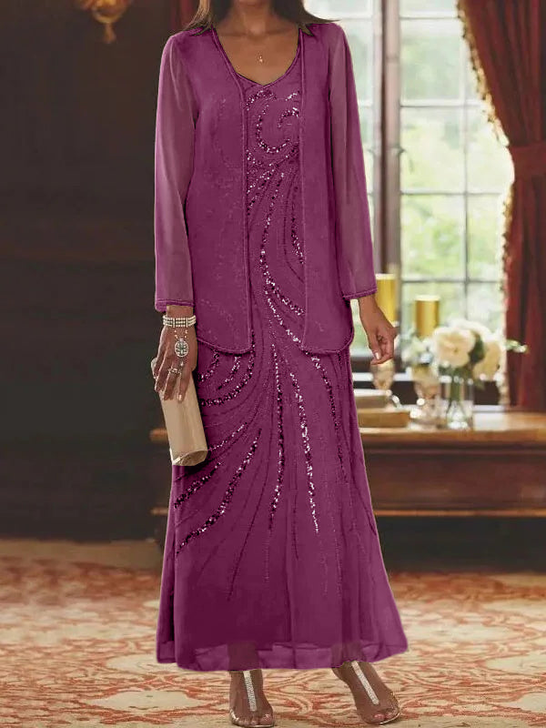 Robes de mère de la mariée fourreau/colonne, col en V, longueur cheville, avec veste et sequins 