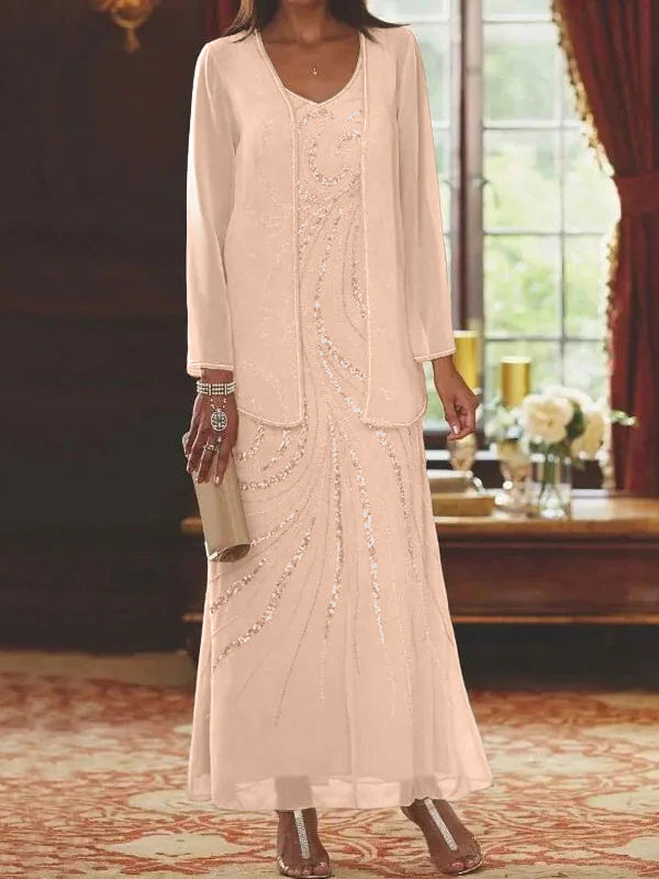 Robes de mère de la mariée fourreau/colonne, col en V, longueur cheville, avec veste et sequins 