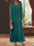 Robes de mère de la mariée fourreau/colonne, col en V, longueur cheville, avec veste et sequins 