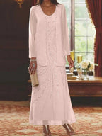 Robes de mère de la mariée fourreau/colonne, col en V, longueur cheville, avec veste et sequins 