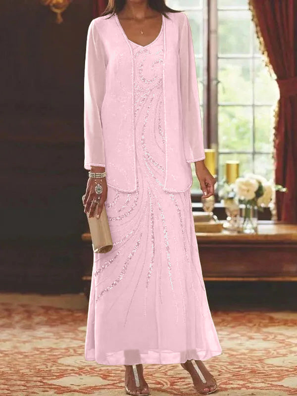 Robes de mère de la mariée fourreau/colonne, col en V, longueur cheville, avec veste et sequins 