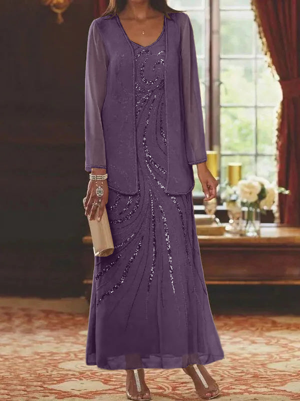 Robes de mère de la mariée fourreau/colonne, col en V, longueur cheville, avec veste et sequins 
