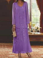 Robes de mère de la mariée fourreau/colonne, col en V, longueur cheville, avec veste et sequins 