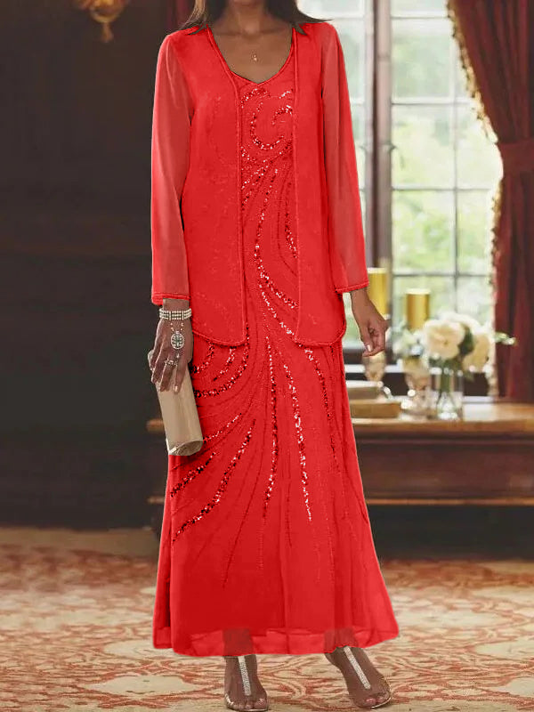 Robes de mère de la mariée fourreau/colonne, col en V, longueur cheville, avec veste et sequins 
