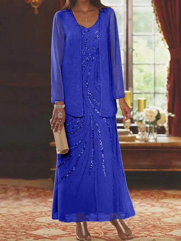 Robes de mère de la mariée fourreau/colonne, col en V, longueur cheville, avec veste et sequins 