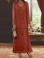 Robes de mère de la mariée fourreau/colonne, col en V, longueur cheville, avec veste et sequins 