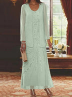 Robes de mère de la mariée fourreau/colonne, col en V, longueur cheville, avec veste et sequins 