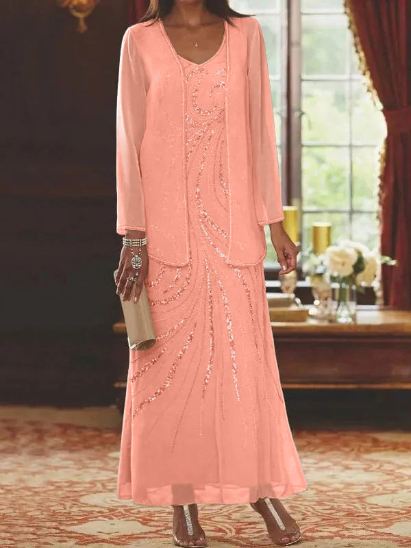 Robes de mère de la mariée fourreau/colonne, col en V, longueur cheville, avec veste et sequins 