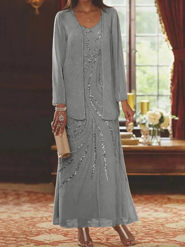 Robes de mère de la mariée fourreau/colonne, col en V, longueur cheville, avec veste et sequins 