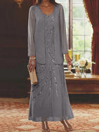 Robes de mère de la mariée fourreau/colonne, col en V, longueur cheville, avec veste et sequins 