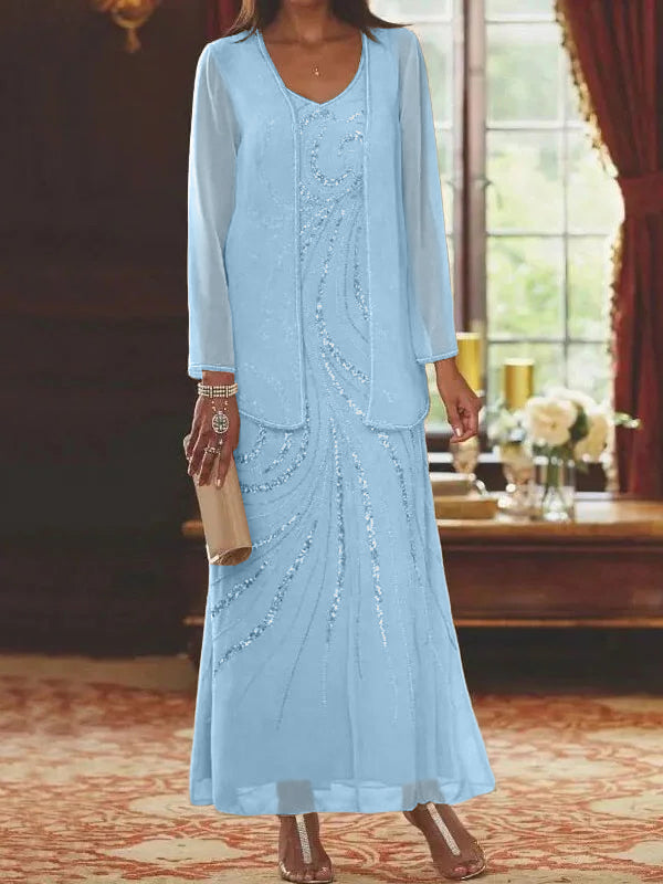Robes de mère de la mariée fourreau/colonne, col en V, longueur cheville, avec veste et sequins 