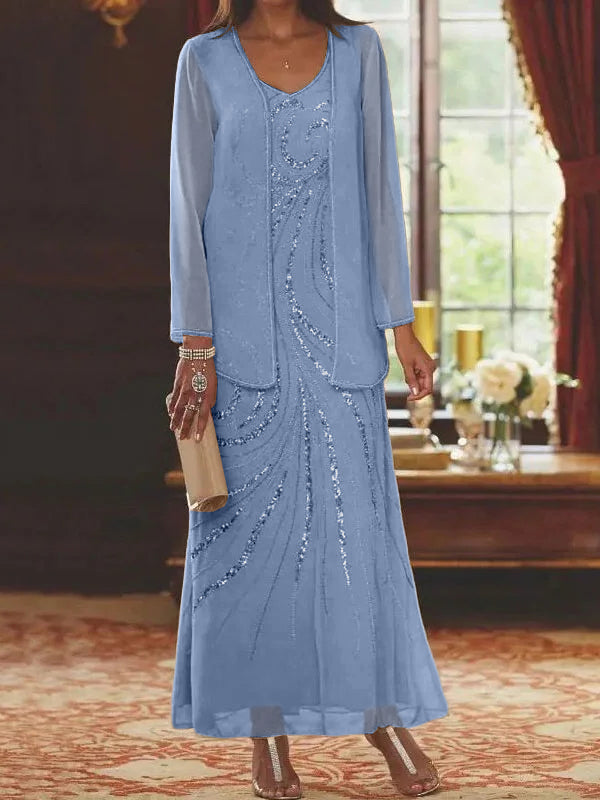 Robes de mère de la mariée fourreau/colonne, col en V, longueur cheville, avec veste et sequins 