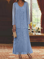 Robes de mère de la mariée fourreau/colonne, col en V, longueur cheville, avec veste et sequins 