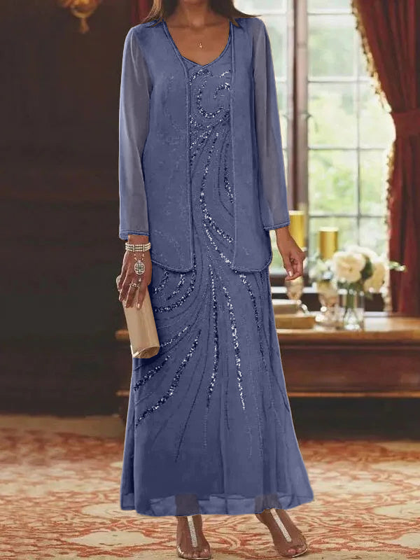 Robes de mère de la mariée fourreau/colonne, col en V, longueur cheville, avec veste et sequins 