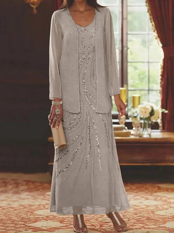 Robes de mère de la mariée fourreau/colonne, col en V, longueur cheville, avec veste et sequins 
