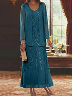 Robes de mère de la mariée fourreau/colonne, col en V, longueur cheville, avec veste et sequins 
