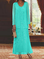 Robes de mère de la mariée fourreau/colonne, col en V, longueur cheville, avec veste et sequins 