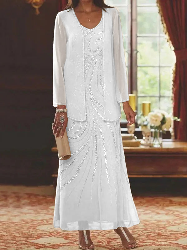 Robes de mère de la mariée fourreau/colonne, col en V, longueur cheville, avec veste et sequins 
