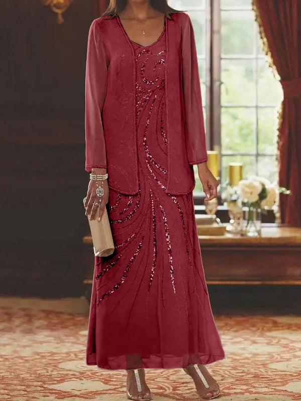 Robes de mère de la mariée fourreau/colonne, col en V, longueur cheville, avec veste et sequins 