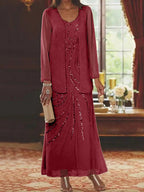 Robes de mère de la mariée fourreau/colonne, col en V, longueur cheville, avec veste et sequins 