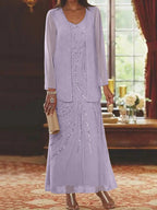 Robes de mère de la mariée fourreau/colonne, col en V, longueur cheville, avec veste et sequins 