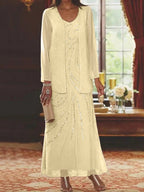 Robes de mère de la mariée fourreau/colonne, col en V, longueur cheville, avec veste et sequins 
