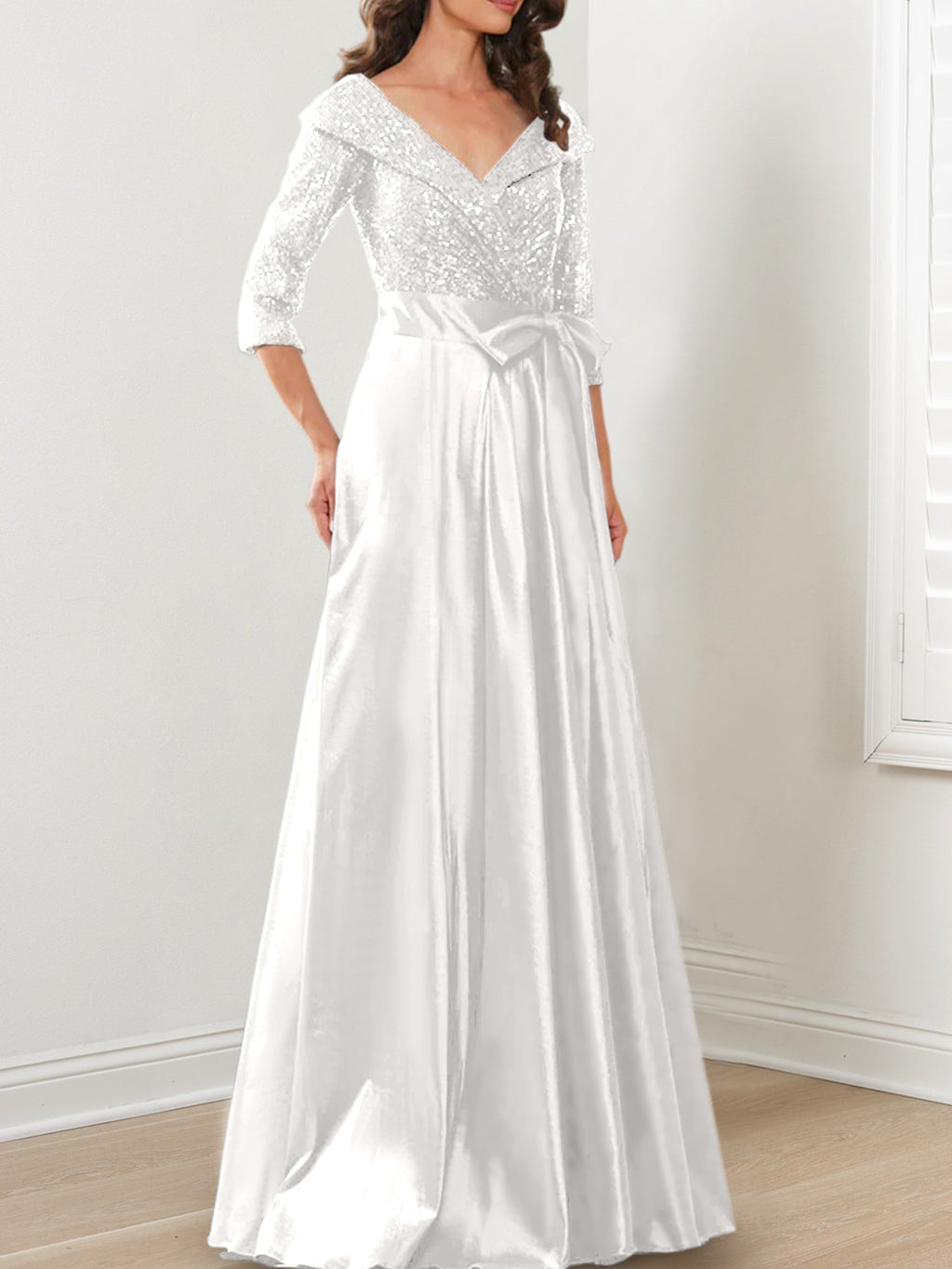 Vestidos de corte princesa/línea A con escote en V hasta el suelo para la madre de la novia 