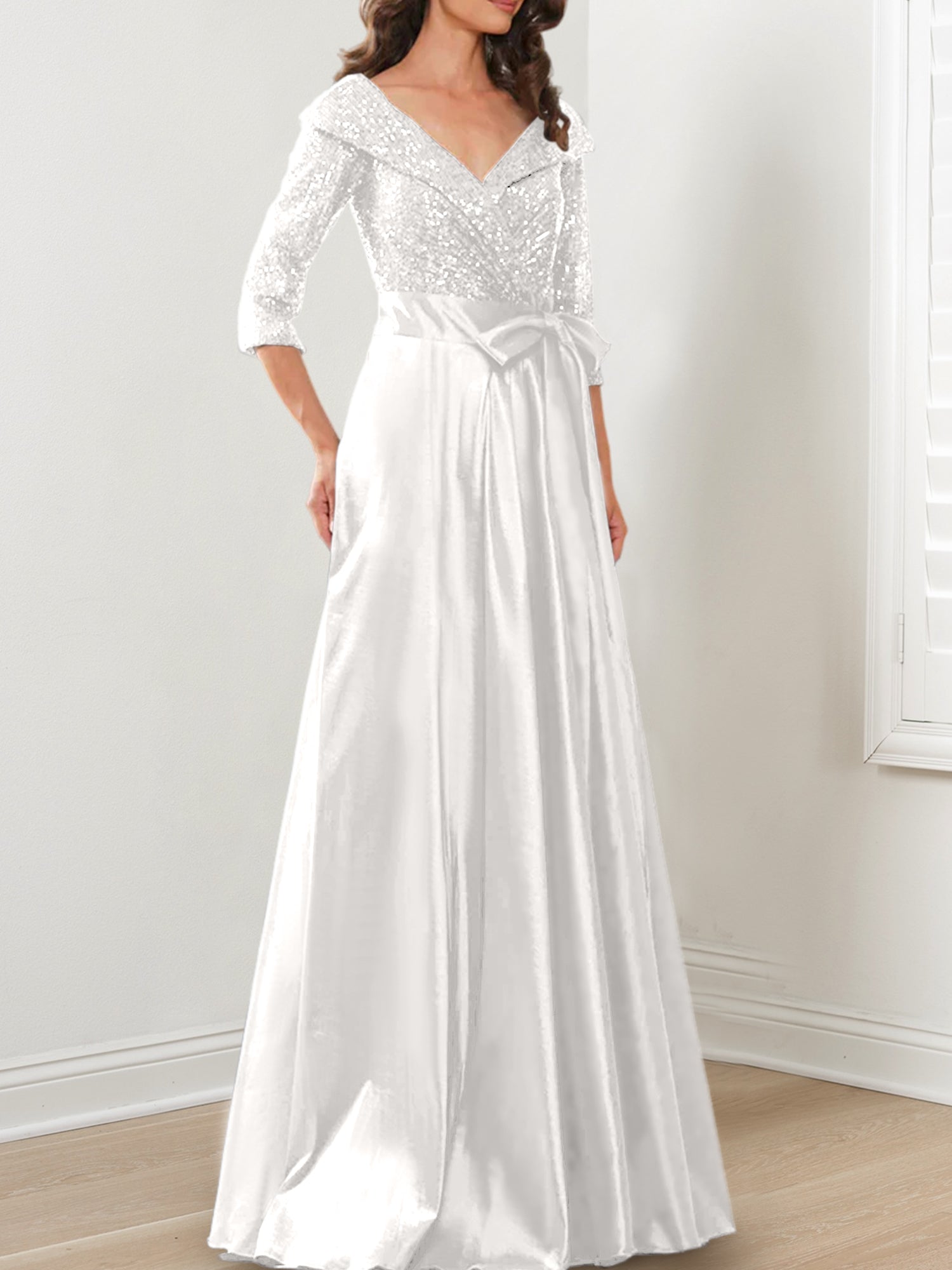Vestidos de corte princesa/línea A con escote en V hasta el suelo para la madre de la novia 