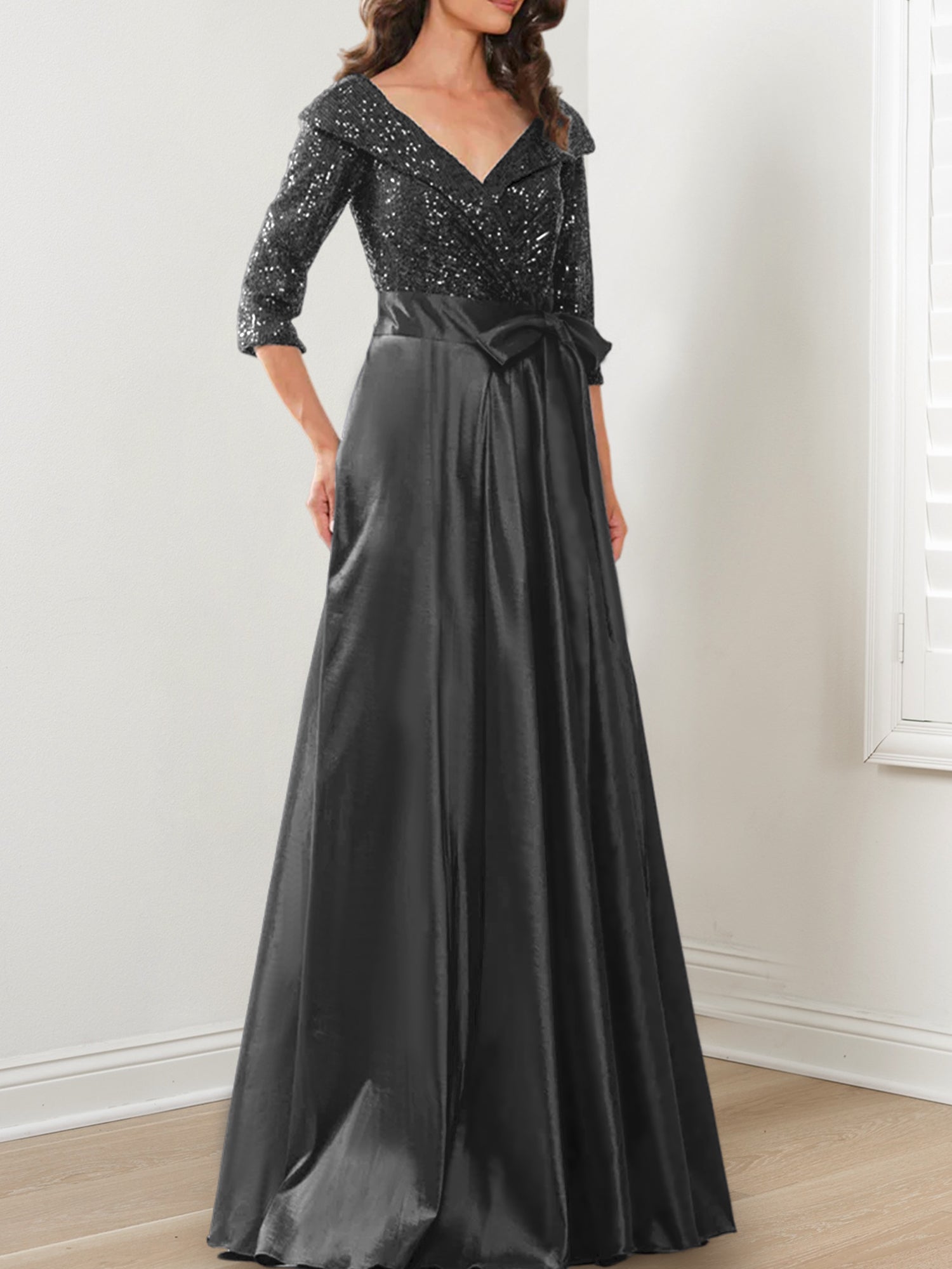 Vestidos de corte princesa/línea A con escote en V hasta el suelo para la madre de la novia 