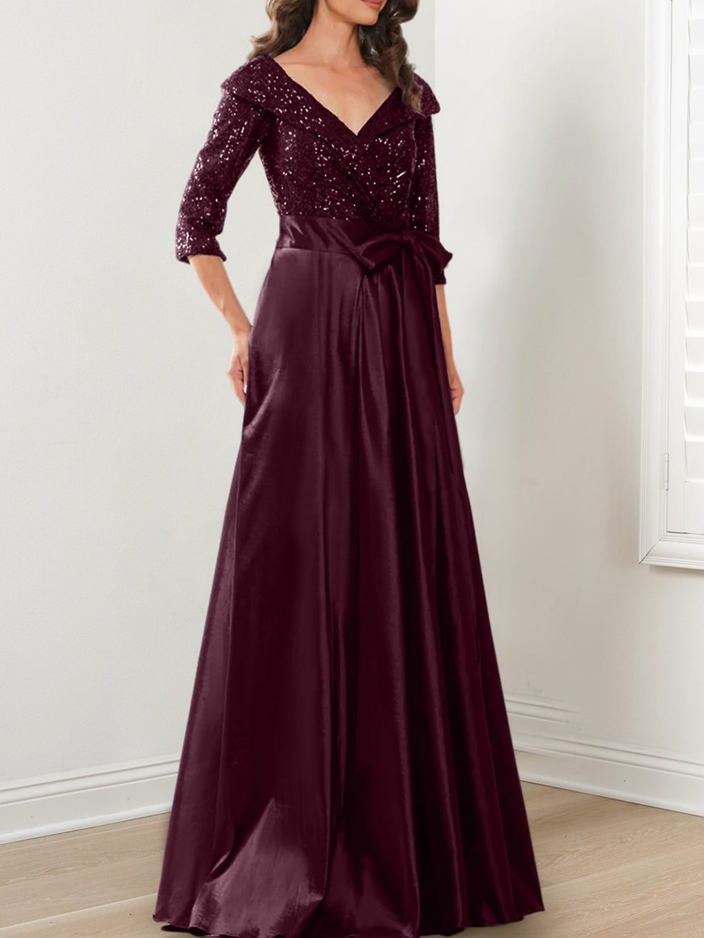 Vestidos de corte princesa/línea A con escote en V hasta el suelo para la madre de la novia 