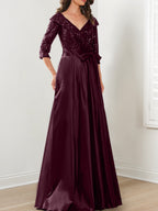 Vestidos de corte princesa/línea A con escote en V hasta el suelo para la madre de la novia 