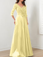 Vestidos de corte princesa/línea A con escote en V hasta el suelo para la madre de la novia 