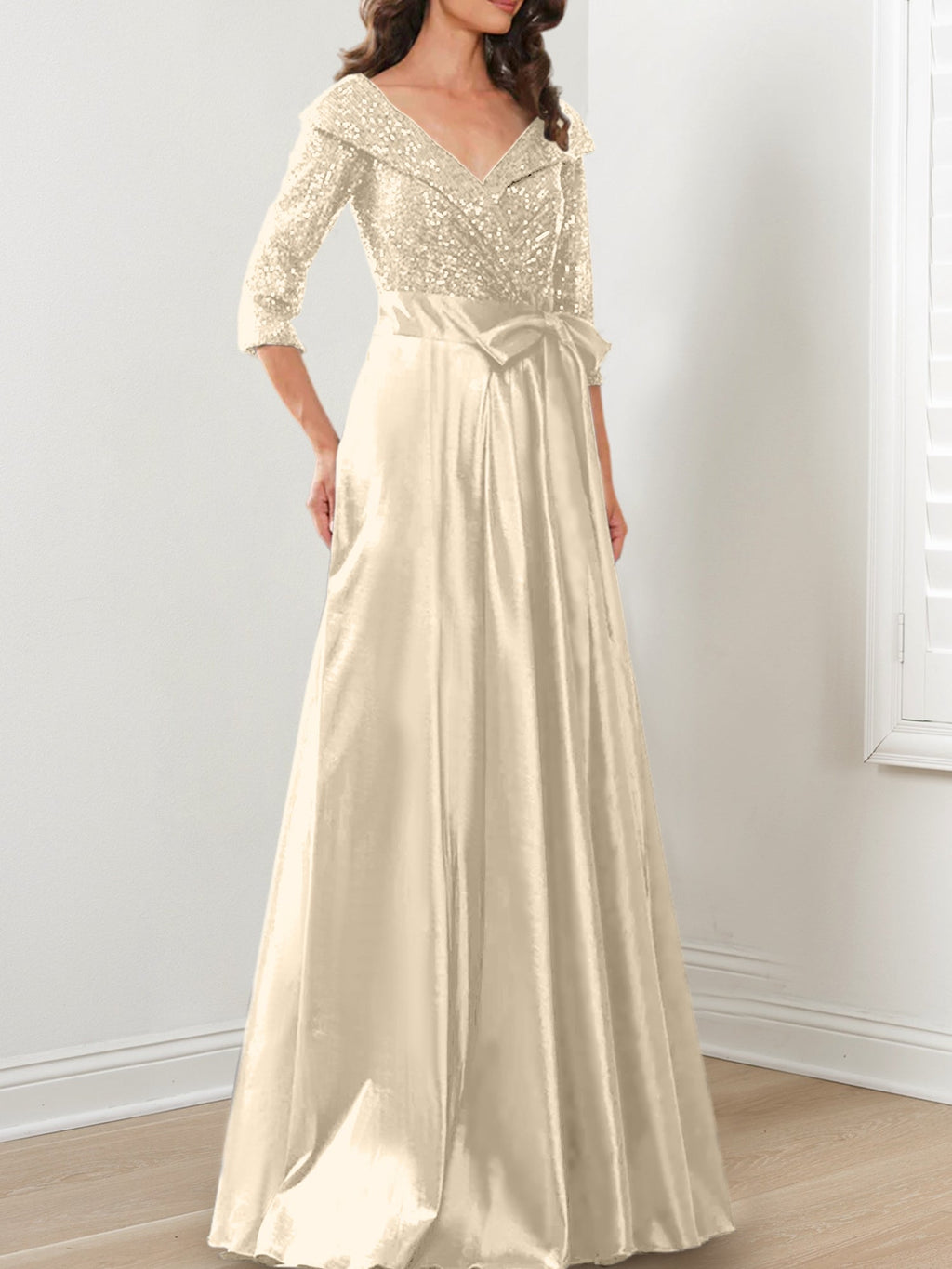 Vestidos de corte princesa/línea A con escote en V hasta el suelo para la madre de la novia 