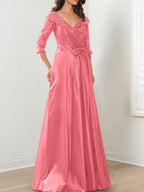 Vestidos de corte princesa/línea A con escote en V hasta el suelo para la madre de la novia 