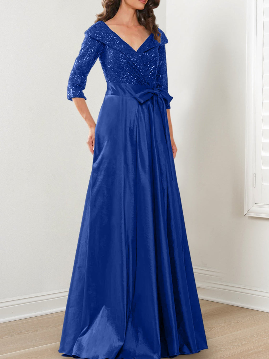 Vestidos de corte princesa/línea A con escote en V hasta el suelo para la madre de la novia 