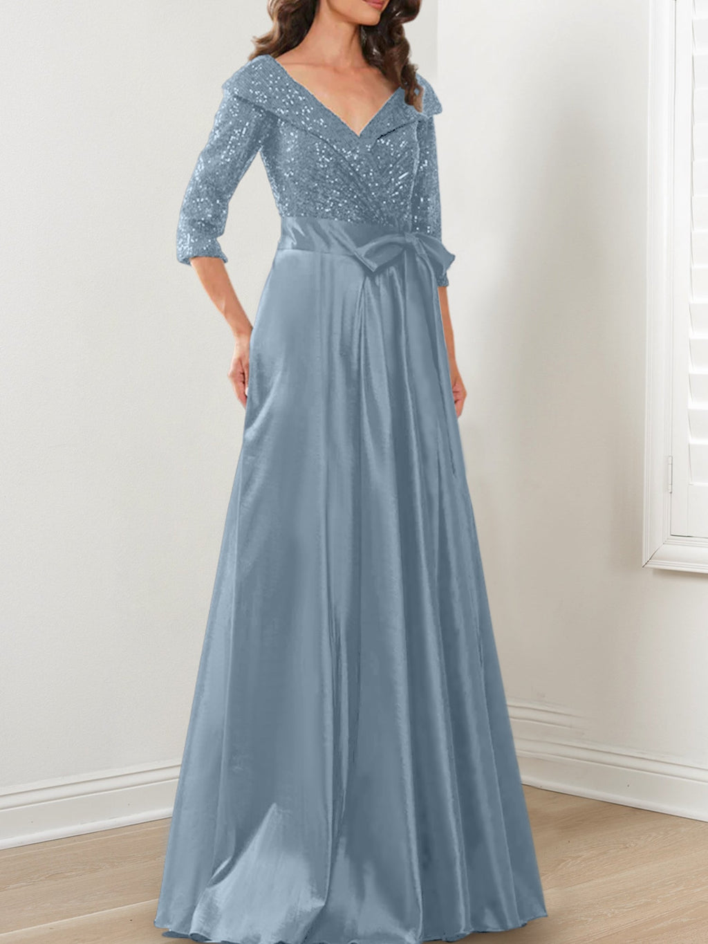 Vestidos de corte princesa/línea A con escote en V hasta el suelo para la madre de la novia 