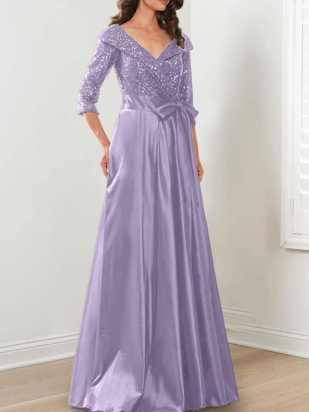 Vestidos de corte princesa/línea A con escote en V hasta el suelo para la madre de la novia 