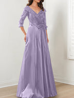 Vestidos de corte princesa/línea A con escote en V hasta el suelo para la madre de la novia 